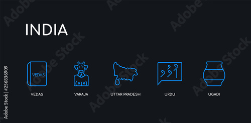 5 outline stroke blue ugadi, urdu, uttar pradesh, varaja, vedas icons from india collection on black background. line editable linear thin icons.