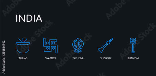 5 outline stroke blue shaivism, shehnai, sikhism, swastica, tablas icons from india collection on black background. line editable linear thin icons.
