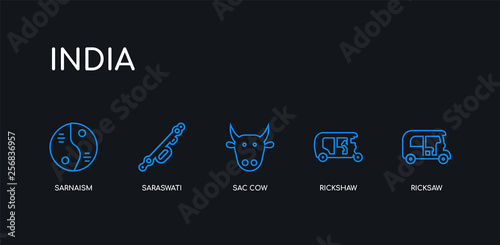 5 outline stroke blue ricksaw, rickshaw, sac cow, saraswati, sarnaism icons from india collection on black background. line editable linear thin icons. photo