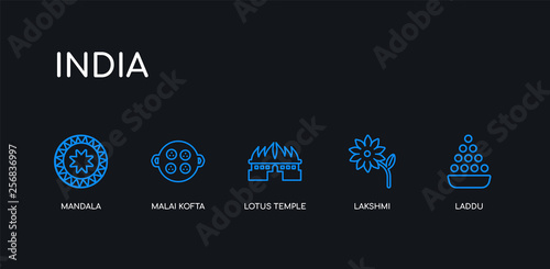 5 outline stroke blue laddu, lakshmi, lotus temple, malai kofta, mandala icons from india collection on black background. line editable linear thin icons.