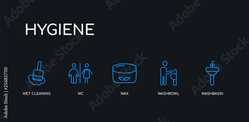 5 outline stroke blue washbasin, washbowl, wax, wc, wet cleaning icons from hygiene collection on black background. line editable linear thin icons.