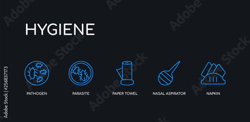 5 outline stroke blue napkin, nasal aspirator, paper towel, parasite, pathogen icons from hygiene collection on black background. line editable linear thin icons.
