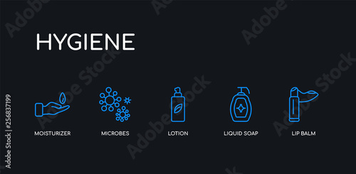 5 outline stroke blue lip balm, liquid soap, lotion, microbes, moisturizer icons from hygiene collection on black background. line editable linear thin icons.