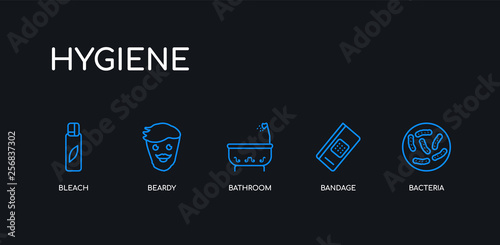 5 outline stroke blue bacteria, bandage, bathroom, beardy, bleach icons from hygiene collection on black background. line editable linear thin icons.
