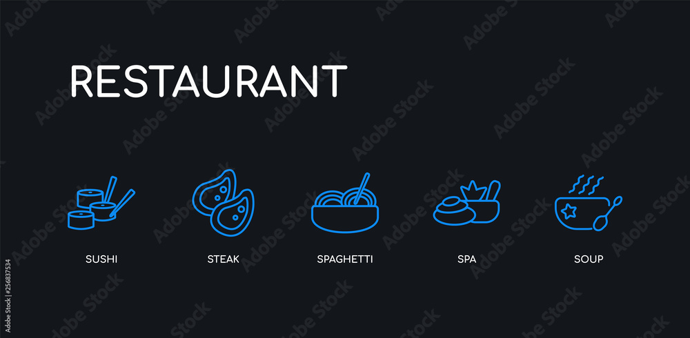 5 outline stroke blue soup, spa, spaghetti, steak, sushi icons from restaurant collection on black background. line editable linear thin icons.