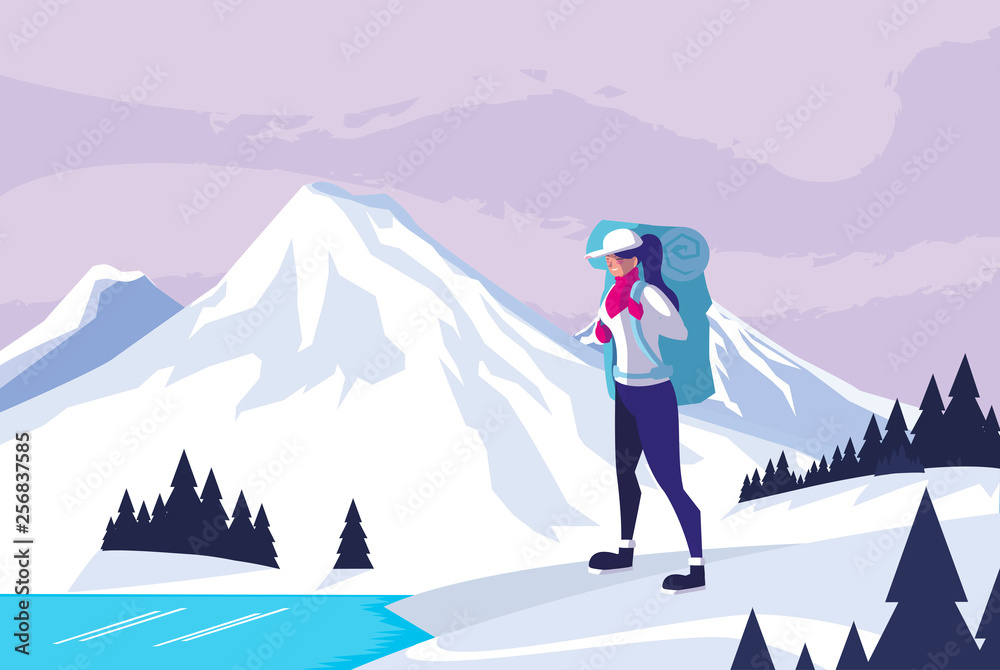 adventurous woman with travelbag in the snowscape adventurous woman with travelbag in the snowscape