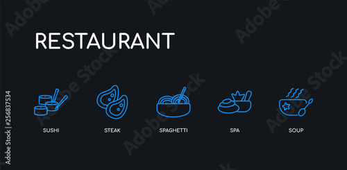5 outline stroke blue soup  spa  spaghetti  steak  sushi icons from restaurant collection on black background. line editable linear thin icons.