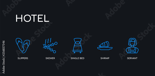5 outline stroke blue servant, shrimp, single bed, skewer, slippers icons from hotel collection on black background. line editable linear thin icons.