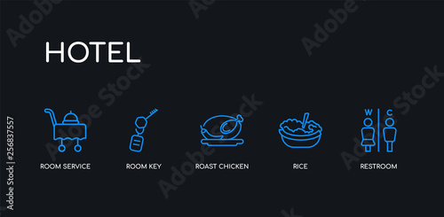 5 outline stroke blue restroom, rice, roast chicken, room key, room service icons from hotel collection on black background. line editable linear thin icons.