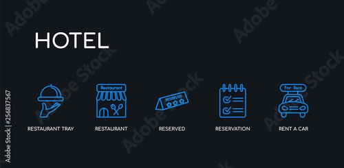 5 outline stroke blue rent a car, reservation, reserved, restaurant, restaurant tray icons from hotel collection on black background. line editable linear thin icons.
