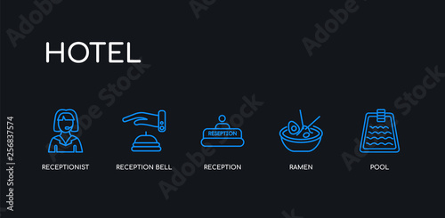 5 outline stroke blue pool, ramen, reception, reception bell, receptionist icons from hotel collection on black background. line editable linear thin icons.