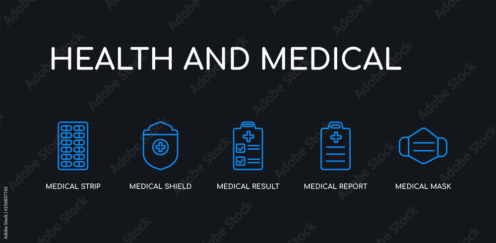 5 outline stroke blue medical mask, medical report, medical result, shield, strip icons from health and collection on black background. line editable linear thin icons.