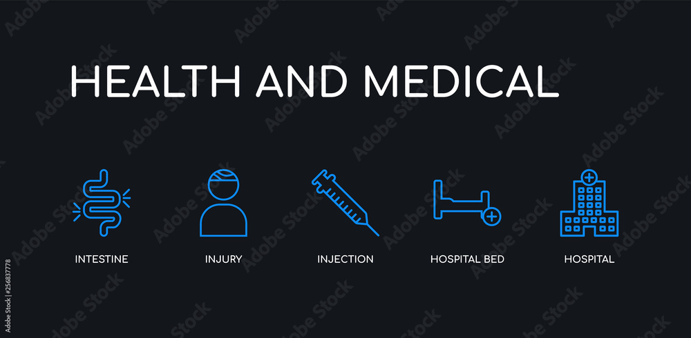 5 outline stroke blue hospital, hospital bed, injection, injury, intestine icons from health and medical collection on black background. line editable linear thin icons.