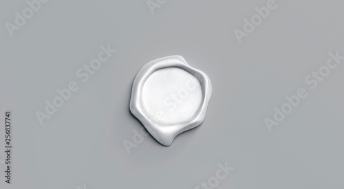 Blank white wax stamp mock up, isolated on gray background, depth of field, 3d rendering. Empty postage seal mockup, top view. Clear waxy label for scrapbook template.
