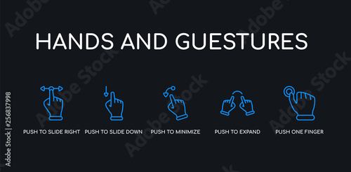5 outline stroke blue push one finger and wait, push to expand, push to minimize gesture, to slide down, slide right and left gesture icons from hands and guestures collection on black background.