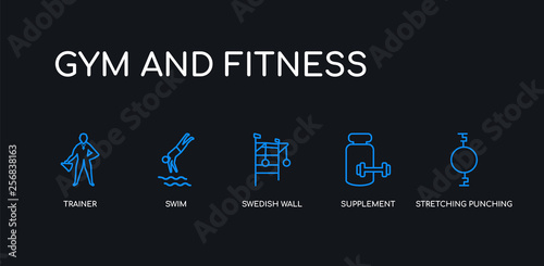 5 outline stroke blue stretching punching ball, supplement, swedish wall, swim, trainer icons from gym and fitness collection on black background. line editable linear thin icons.