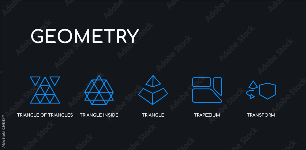 5 outline stroke blue transform, trapezium, triangle, triangle inside hexagon, triangle of triangles icons from geometry collection on black background. line editable linear thin icons.