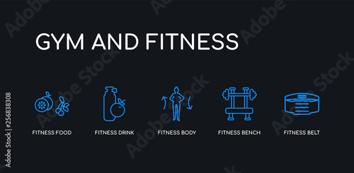 5 outline stroke blue fitness belt  fitness bench  fitness body  drink  food icons from gym and collection on black background. line editable linear thin icons.