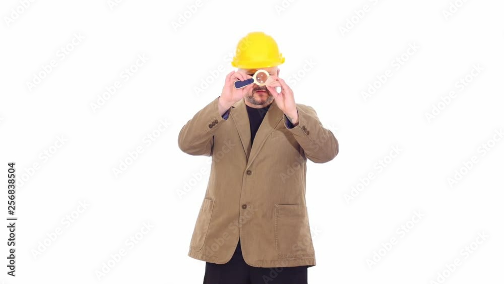 man in helmet research mineral stone white screen man in helmet research mineral stone white screen