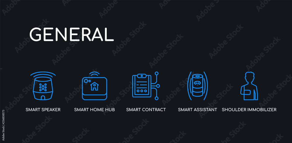 5 outline stroke blue shoulder immobilizer, smart assistant, smart contract, smart home hub, speaker icons from general collection on black background. line editable linear thin icons.