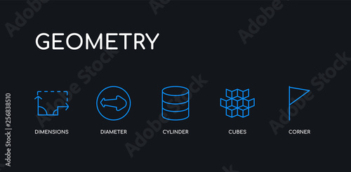 5 outline stroke blue corner, cubes, cylinder, diameter, dimensions icons from geometry collection on black background. line editable linear thin icons.