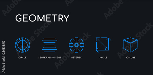5 outline stroke blue 3d cube, angle, asterisk, center alignment, circle icons from geometry collection on black background. line editable linear thin icons.