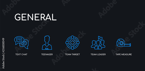 5 outline stroke blue tape measure  team leader  team target  teenager  text chat icons from general collection on black background. line editable linear thin icons.