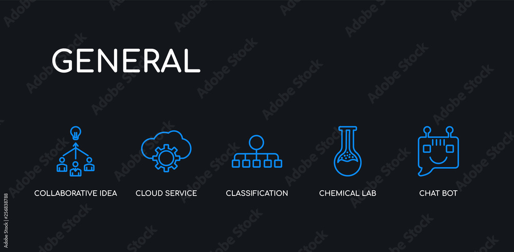 5 outline stroke blue chat bot, chemical lab, classification, cloud service, collaborative idea icons from general collection on black background. line editable linear thin icons.