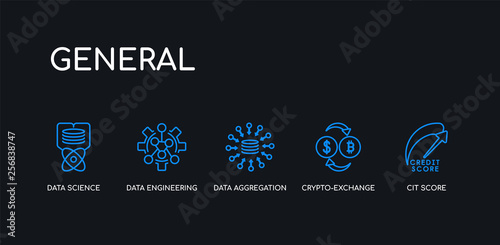 5 outline stroke blue cit score, crypto-exchange, data aggregation, data engineering, data science icons from general collection on black background. line editable linear thin icons.