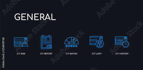 5 outline stroke blue cit history, cit limit, cit rating, report, risk icons from general collection on black background. line editable linear thin icons.