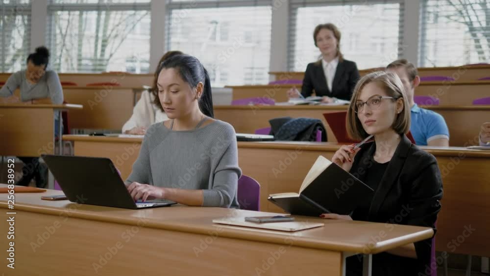 Lecturer and multinational group of students in an auditorium Lecturer and multinational group of students in an auditorium