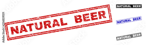 Grunge NATURAL BEER rectangle stamp seals isolated on a white background. Rectangular seals with grunge texture in red, blue, black and gray colors.