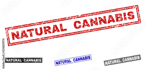 Grunge NATURAL CANNABIS rectangle stamp seals isolated on a white background. Rectangular seals with grunge texture in red, blue, black and grey colors.