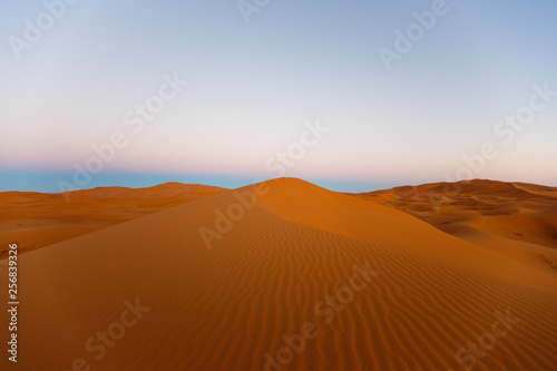 Amazing view of the great sand dunes in the Sahara Desert, Erg Chebbi, Merzouga, Morocco.