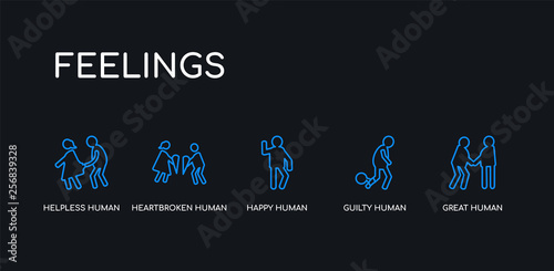 5 outline stroke blue great human, guilty human, happy human, heartbroken helpless icons from feelings collection on black background. line editable linear thin icons.