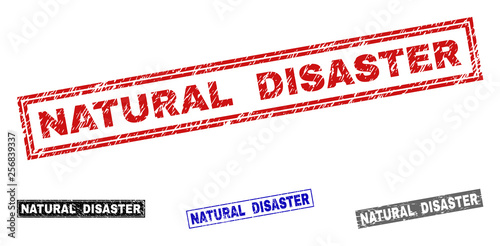 Grunge NATURAL DISASTER rectangle stamp seals isolated on a white background. Rectangular seals with grunge texture in red, blue, black and gray colors.