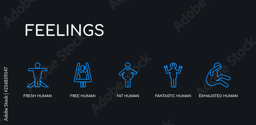 5 outline stroke blue exhausted human, fantastic human, fat human, free fresh icons from feelings collection on black background. line editable linear thin icons.