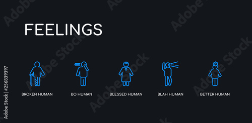 5 outline stroke blue better human, blah human, blessed human, bo broken icons from feelings collection on black background. line editable linear thin icons.