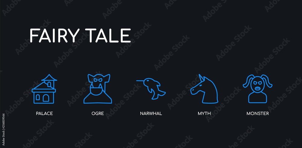 5 outline stroke blue monster, myth, narwhal, ogre, palace icons from fairy tale collection on black background. line editable linear thin icons. - obrazy, fototapety, plakaty 