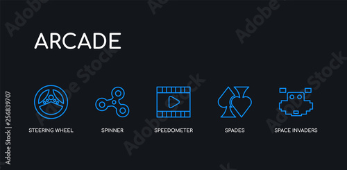 5 outline stroke blue space invaders, spades, speedometer, spinner, steering wheel icons from arcade collection on black background. line editable linear thin icons.