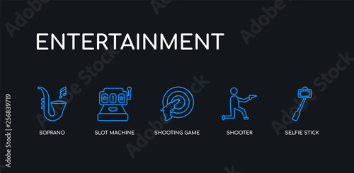 5 outline stroke blue selfie stick, shooter, shooting game, slot machine, soprano icons from entertainment collection on black background. line editable linear thin icons.