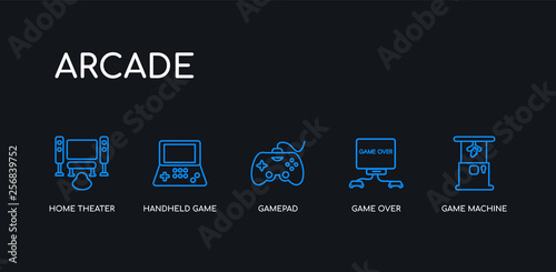 5 outline stroke blue game machine, game over, gamepad, handheld game, home theater icons from arcade collection on black background. line editable linear thin icons.