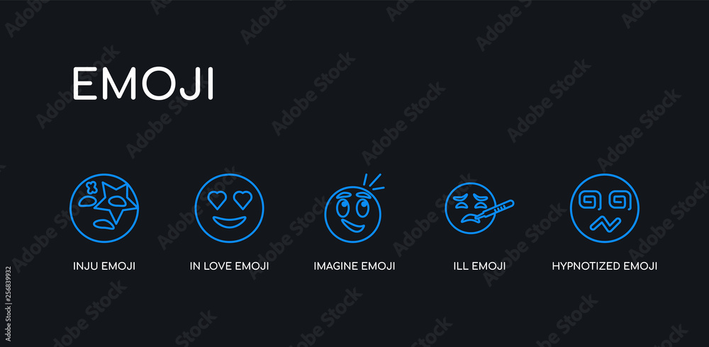 5 outline stroke blue hypnotized emoji, ill emoji, imagine emoji, in love inju icons from collection on black background. line editable linear thin icons.