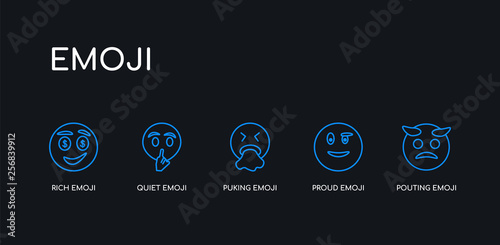 5 outline stroke blue pouting emoji, proud emoji, puking emoji, quiet rich icons from collection on black background. line editable linear thin icons.