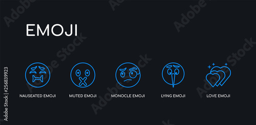 5 outline stroke blue love emoji, lying emoji, monocle emoji, muted nauseated icons from collection on black background. line editable linear thin icons.