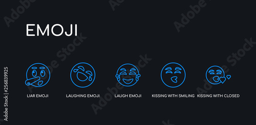 5 outline stroke blue kissing with closed eyes emoji, kissing with smiling eyes emoji, laugh emoji, laughing liar icons from collection on black background. line editable linear thin icons.
