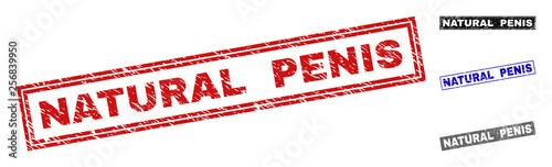Grunge NATURAL PENIS rectangle stamp seals isolated on a white background. Rectangular seals with grunge texture in red, blue, black and grey colors.