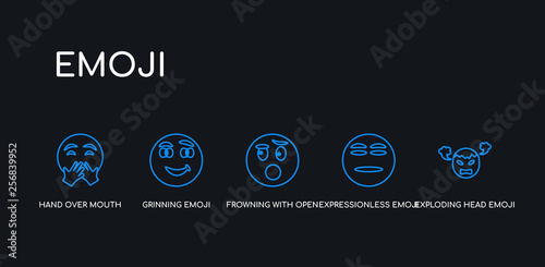 5 outline stroke blue exploding head emoji, expressionless emoji, frowning with open mouth emoji, grinning hand over mouth icons from collection on black background. line editable linear thin icons.