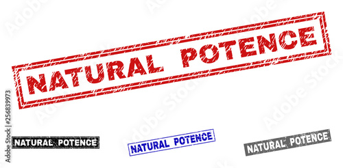 Grunge NATURAL POTENCE rectangle stamp seals isolated on a white background. Rectangular seals with distress texture in red, blue, black and grey colors.