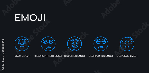 5 outline stroke blue desperate emoji, disappointed emoji, disgusted emoji, dissapointment dizzy icons from collection on black background. line editable linear thin icons.